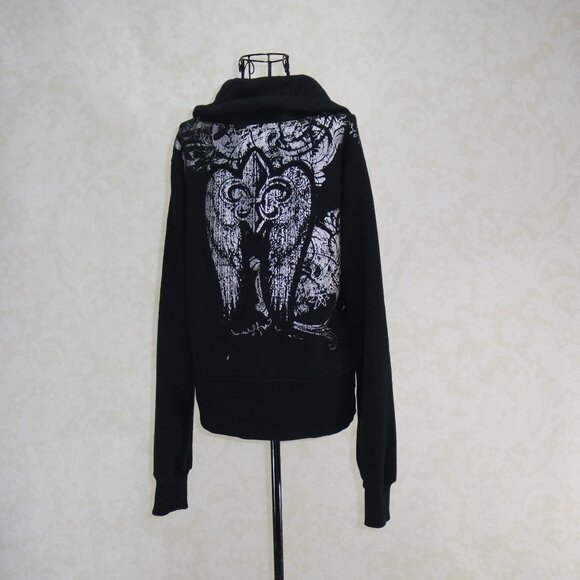 SOHO BABE Black Cowl Neck Full Zip Silver Fleur De Lis Sweatshirt L - Picture 17 of 17